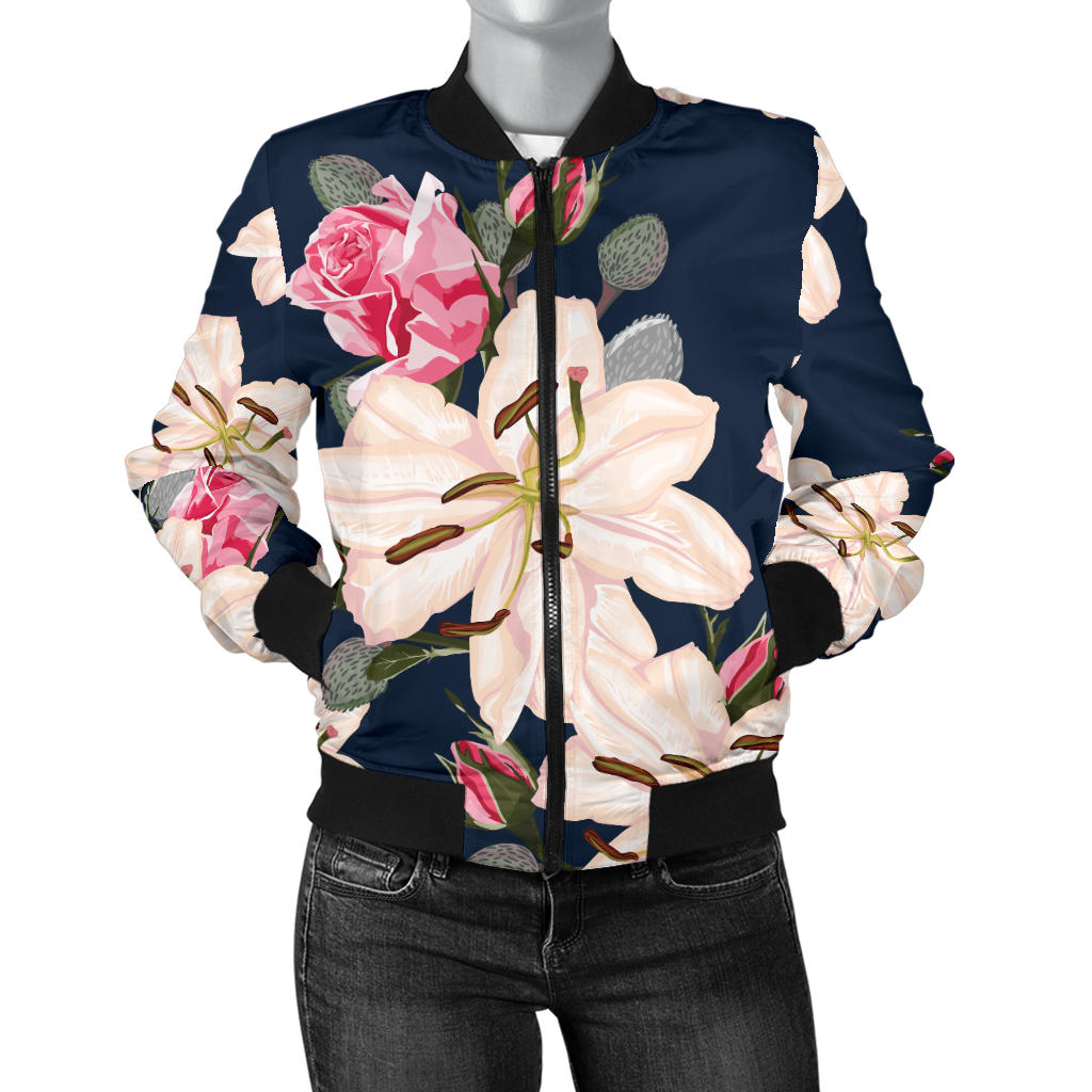 Lily Pattern Print Design LY04 Women Bomber Jacket