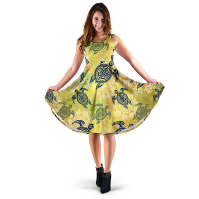 Hawaiian Turtle Tribal Design Print Midi Dress