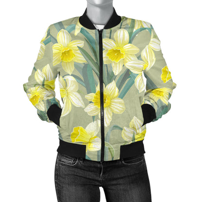 Daffodils Pattern Print Design DF01 Women Bomber Jacket