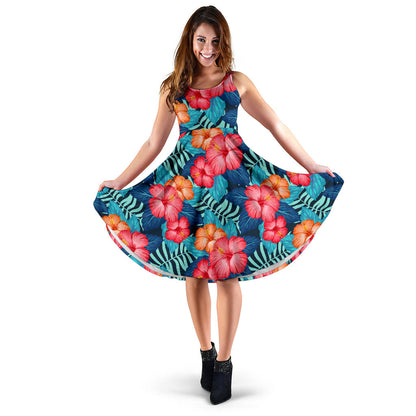 Red Hibiscus Pattern Print Design HB02 Midi Dress