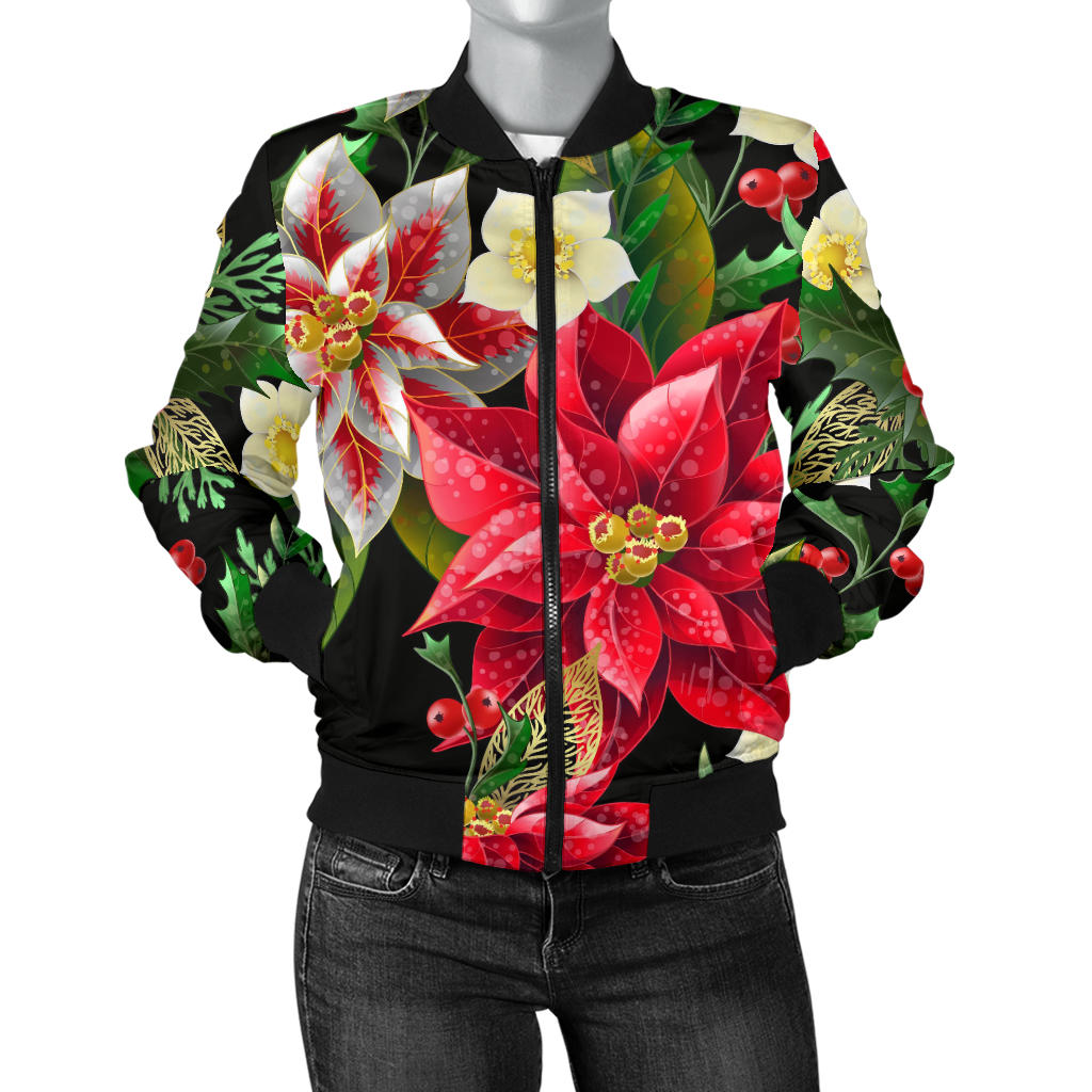 Poinsettia Pattern Print Design POT05 Women Bomber Jacket
