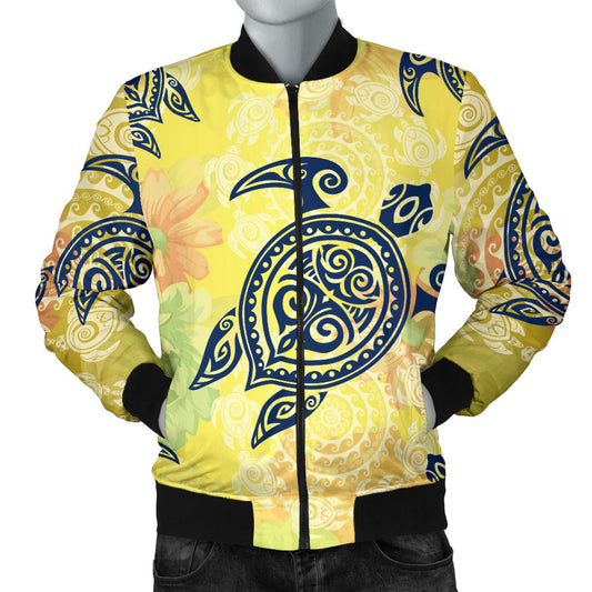 Hawaiian Turtle Tribal Design Print Men Bomber Jacket