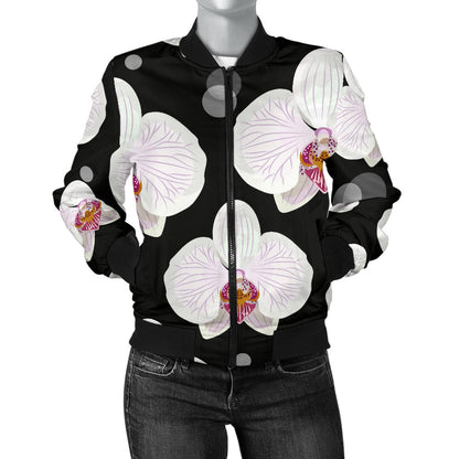 Orchid White Pattern Print Design OR09 Women Bomber Jacket