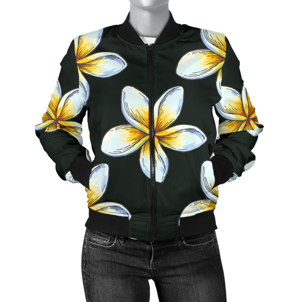 White Plumeria Pattern Print Design PM022 Women Bomber Jacket