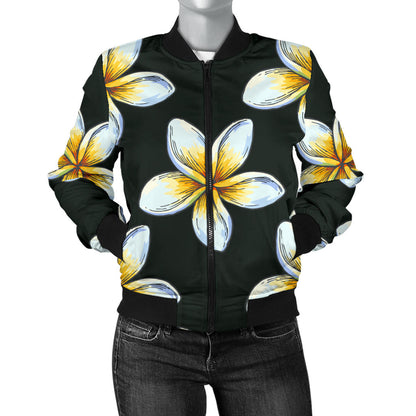 White Plumeria Pattern Print Design PM022 Women Bomber Jacket