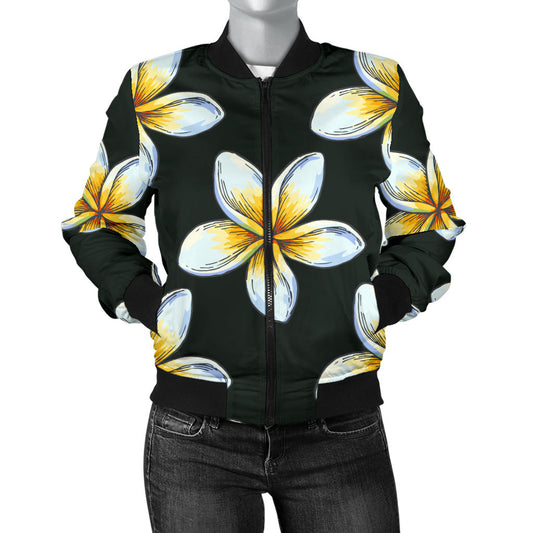 White Plumeria Pattern Print Design PM022 Women Bomber Jacket