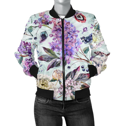 Lilac Pattern Print Design LI06 Women Bomber Jacket