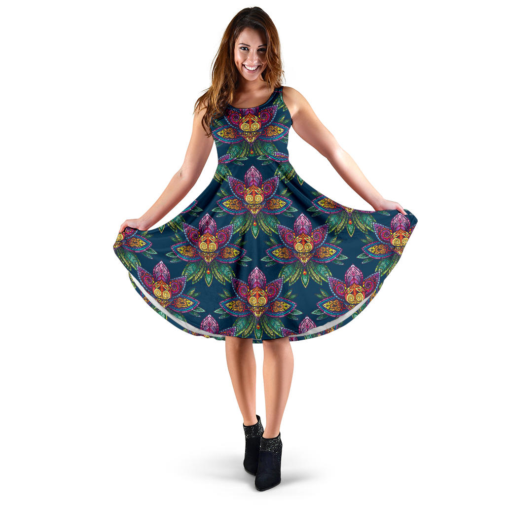 lotus Boho Pattern Print Design LO04 Midi Dress