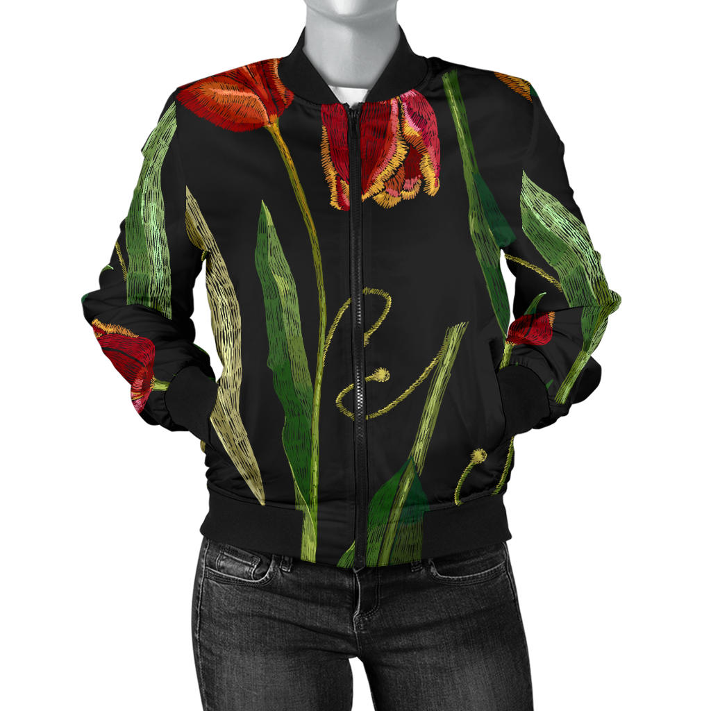 Tulip Embroidered Pattern Print Design TP01 Women Bomber Jacket