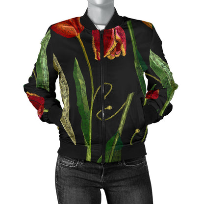 Tulip Embroidered Pattern Print Design TP01 Women Bomber Jacket