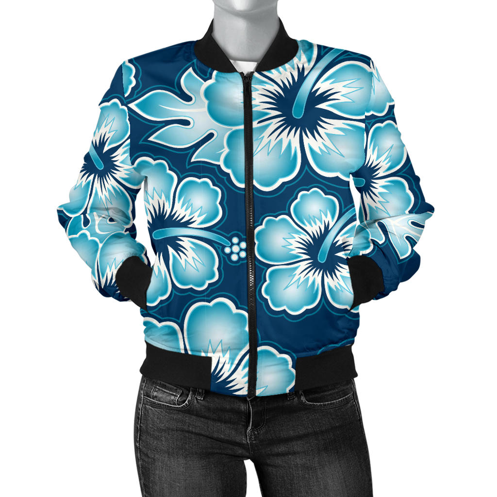 Blue Hibiscus Pattern Print Design HB011 Women Bomber Jacket