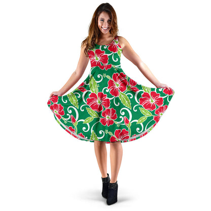 Red Hibiscus Pattern Print Design HB019 Midi Dress