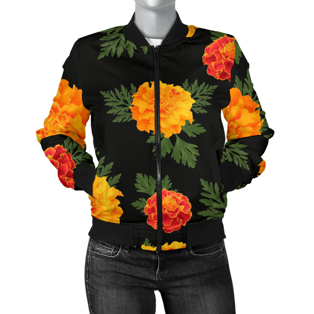 Marigold Pattern Print Design MR05 Women Bomber Jacket