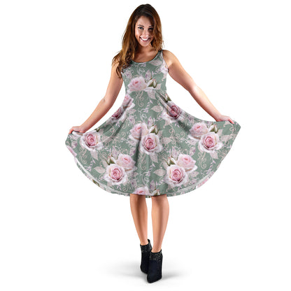 Rose White Pattern Print Design RO012 Midi Dress