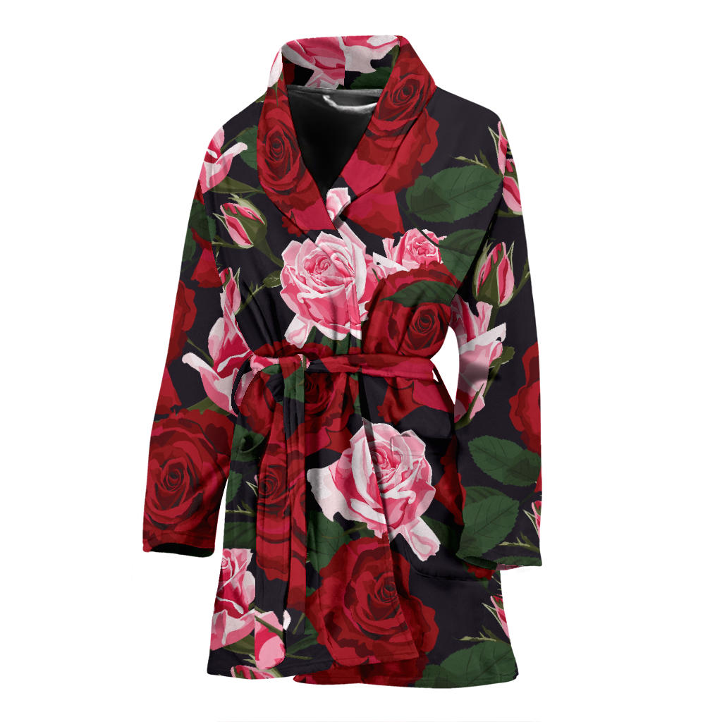 Rose Red Pink Pattern Print Design RO01 Women Bathrobe