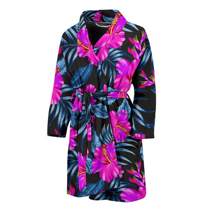 Neon Pink Hibiscus Pattern Print Design HB015 Men Bathrobe