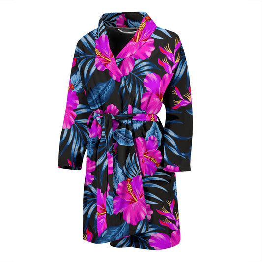 Neon Pink Hibiscus Pattern Print Design HB015 Men Bathrobe