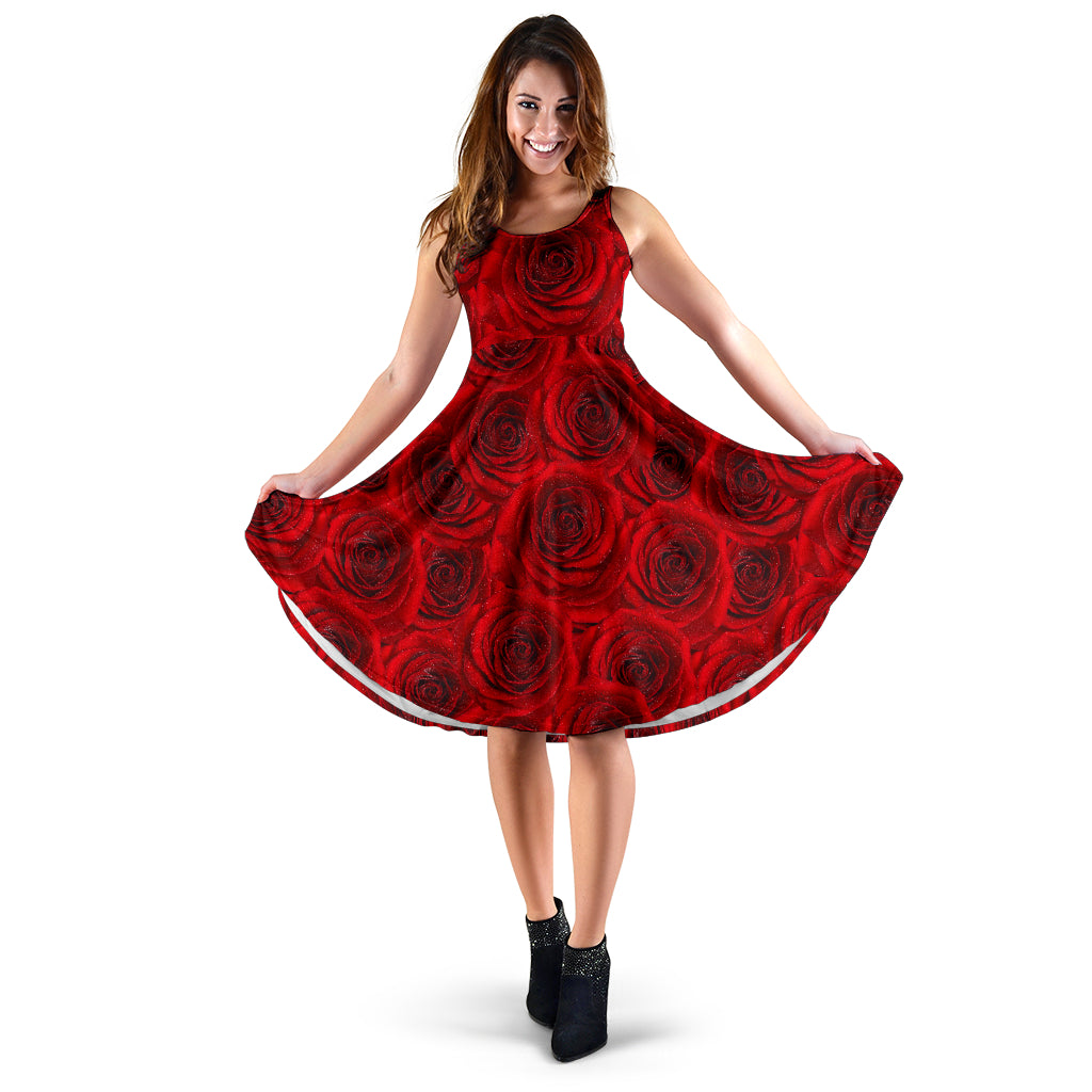 Rose Red Pattern Print Design RO04 Midi Dress