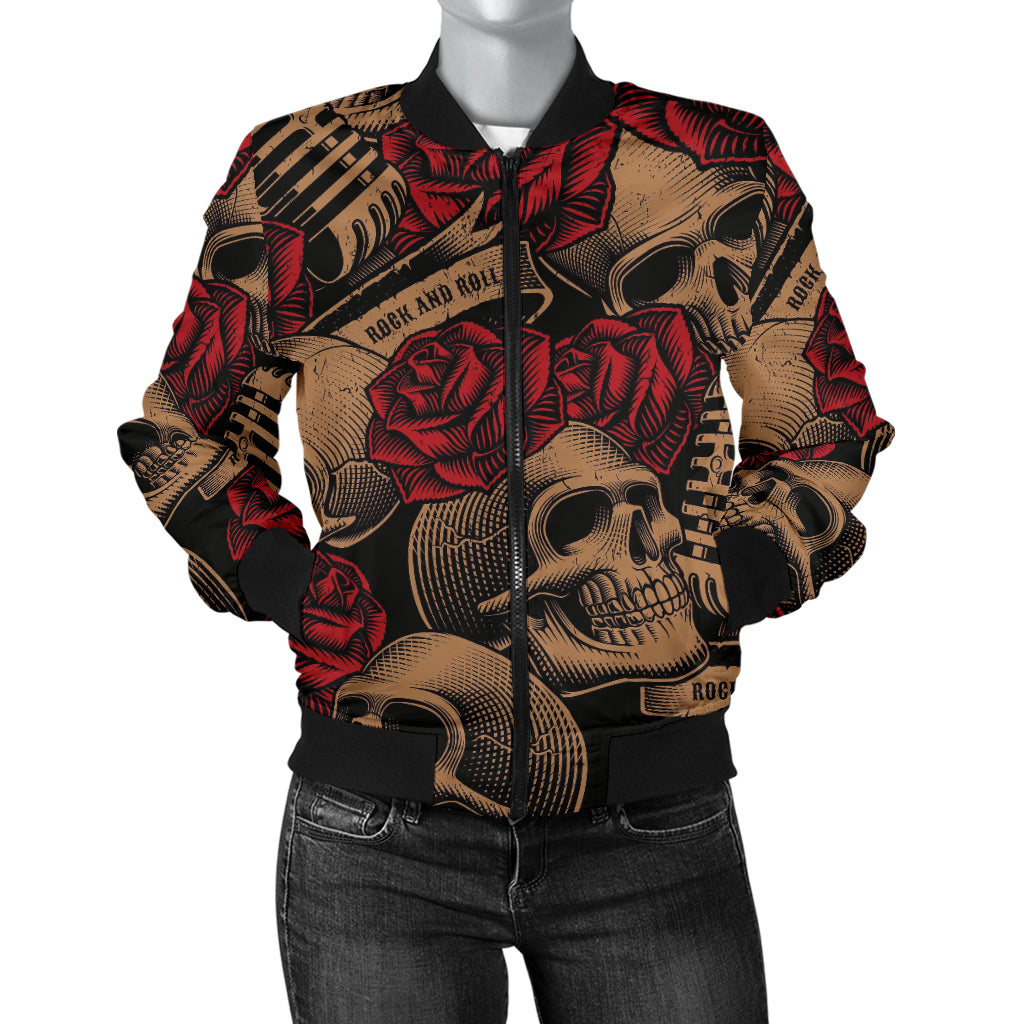 Microphone Skull Rose Pattern Print Design 02 Women's Bomber Jacket