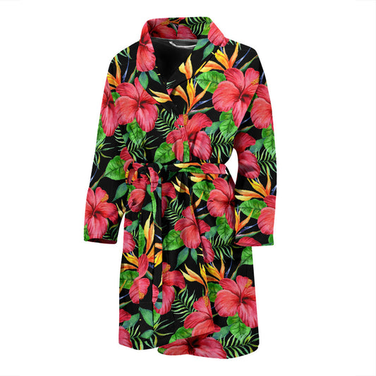 Red Hibiscus Pattern Print Design HB07 Men Bathrobe