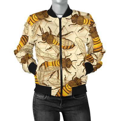 Bee Pattern Print Design BEE05 Women Bomber Jacket