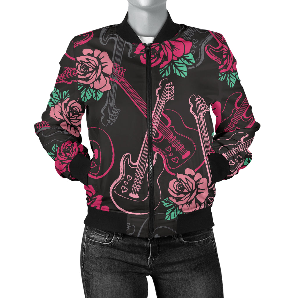 Bass Guitar Pink Rose Pattern Print Design 01 Women's Bomber Jacket