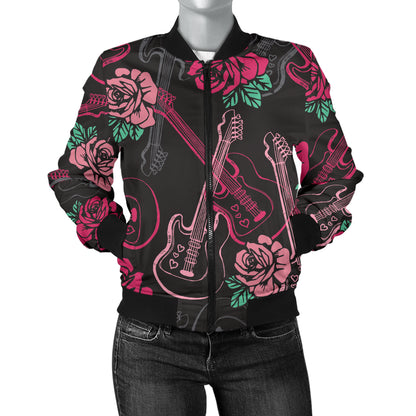 Bass Guitar Pink Rose Pattern Print Design 01 Women's Bomber Jacket