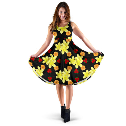 Yellow Plumeria Pattern Print Design PM04 Midi Dress