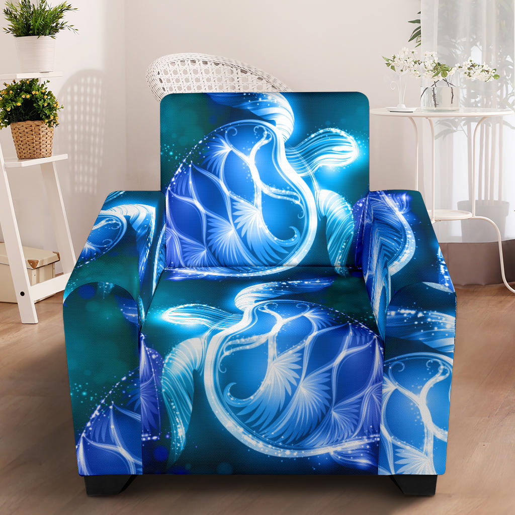 Blue Neon Sea Turtle Print Armchair Slipcover