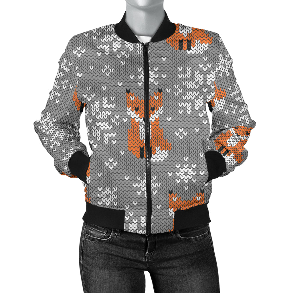 Knit Red Fox Pattern Print Design 02 Women's Bomber Jacket