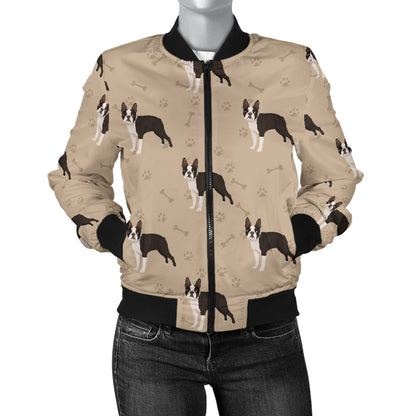 Boston Terrier Pattern Print Design 02 Women's Bomber Jacket