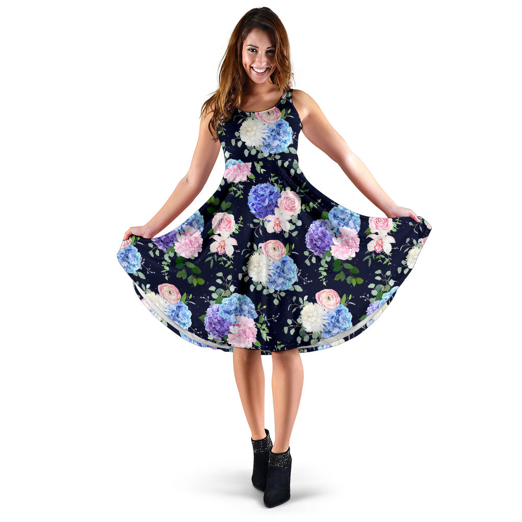 Hydrangea Pattern Print Design HD01 Midi Dress