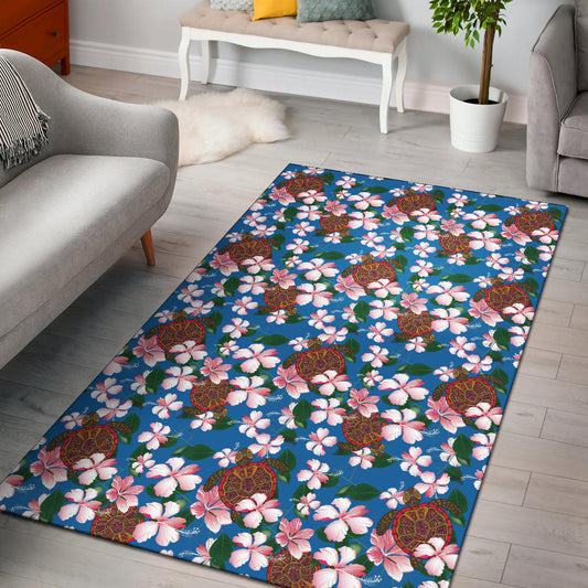 Sea Turtle Pink Hibiscus Hawaiian Print Area Rugs