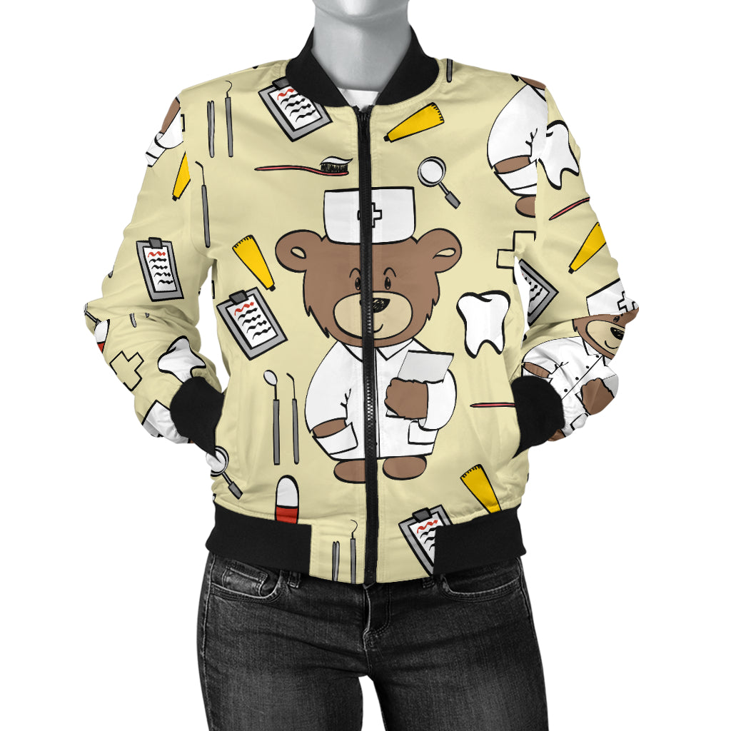 Nurse Bear Pattern Print Design A02 Women's Bomber Jacket