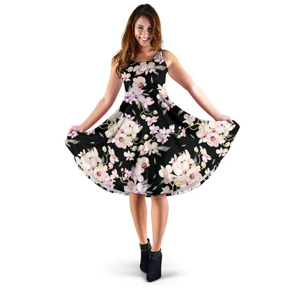 Orchid White Pattern Print Design OR03 Midi Dress
