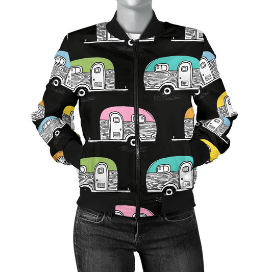 Camper Pattern Camping Themed No 2 Print Women Bomber Jacket