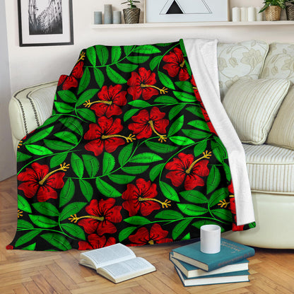 Red Hibiscus Embroidered Pattern Print Design HB032 Fleece Blanket