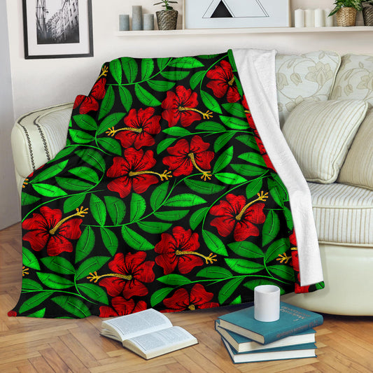 Red Hibiscus Embroidered Pattern Print Design HB032 Fleece Blanket