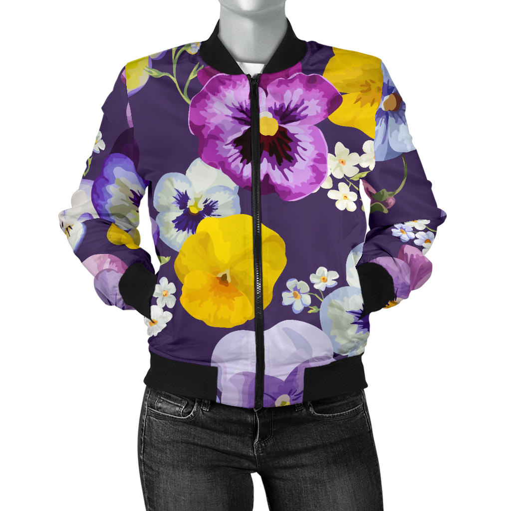 Pansy Pattern Print Design PS02 Women Bomber Jacket