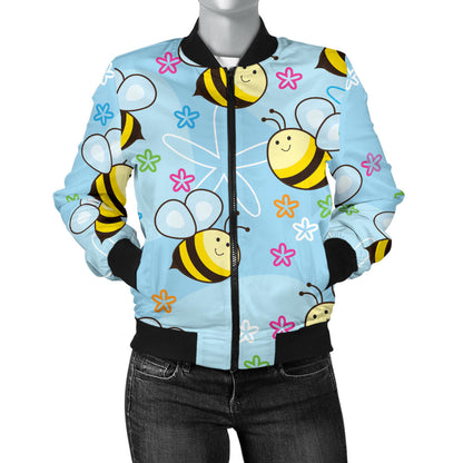 Bee Pattern Print Design BEE03 Women Bomber Jacket