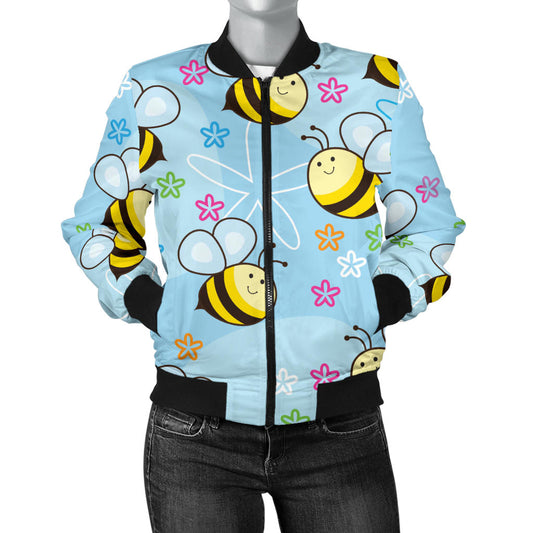 Bee Pattern Print Design BEE03 Women Bomber Jacket
