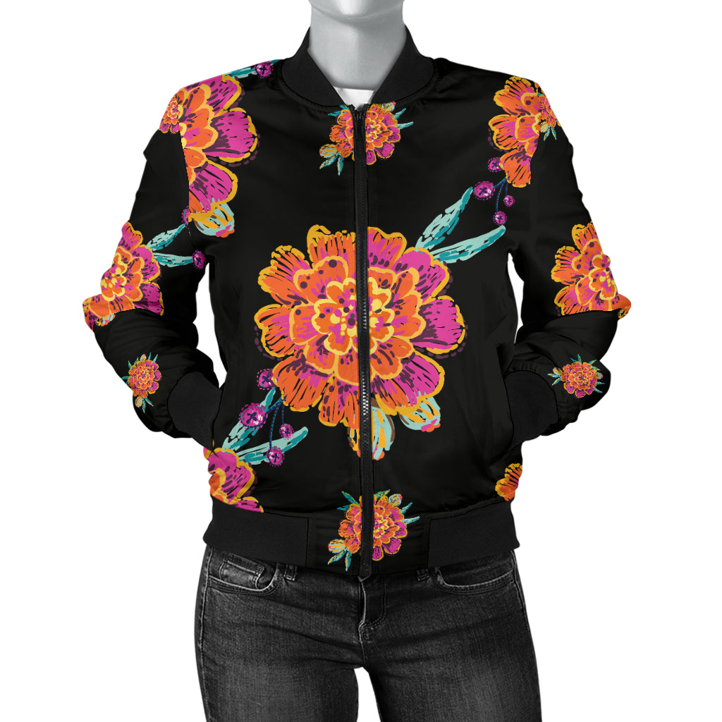 Marigold Pattern Print Design 01 Women's Bomber Jacket