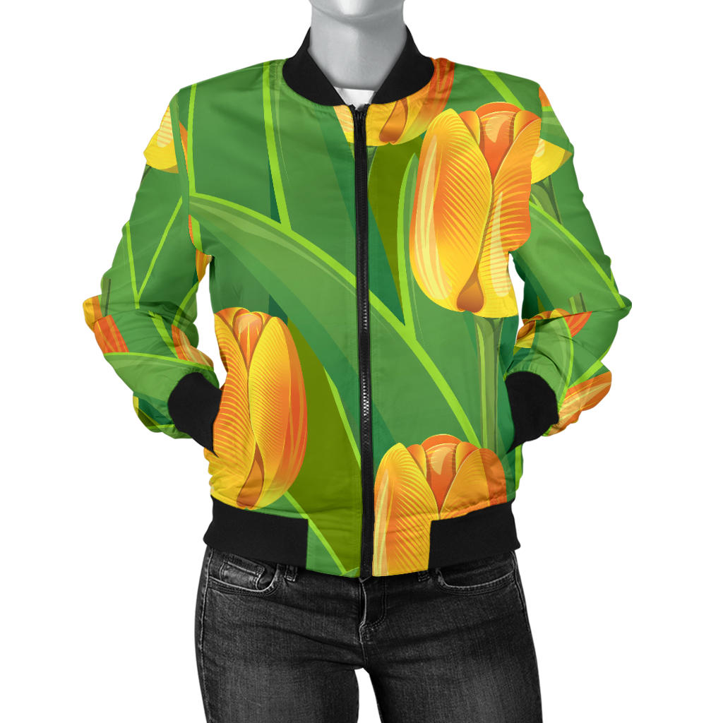 Tulip Orange Pattern Print Design TP07 Women Bomber Jacket
