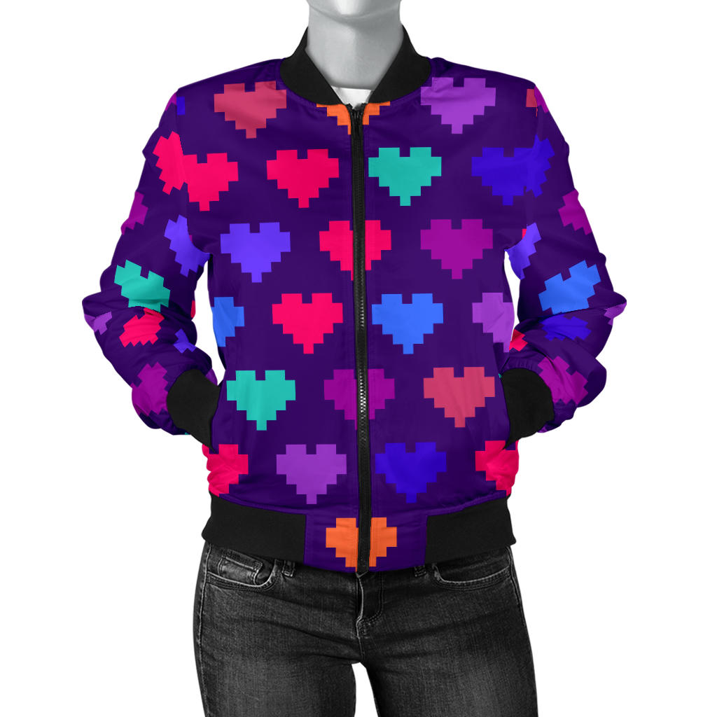 Heart Pixel Pattern Print Design HE03 Women Bomber Jacket