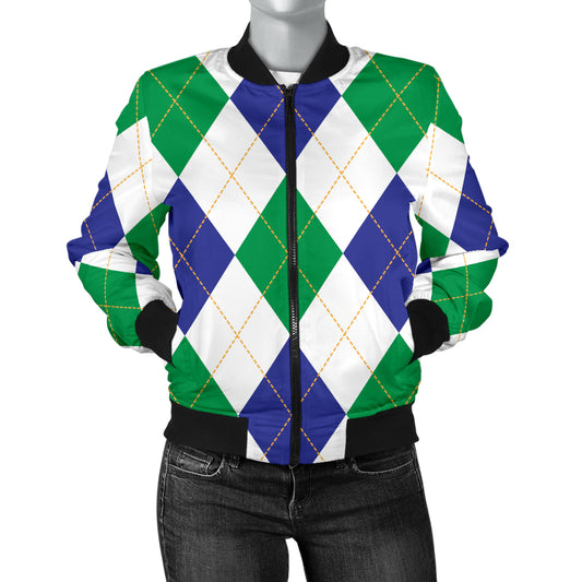 Argyle Green Blue Pattern Print Design 03 Women's Bomber Jacket