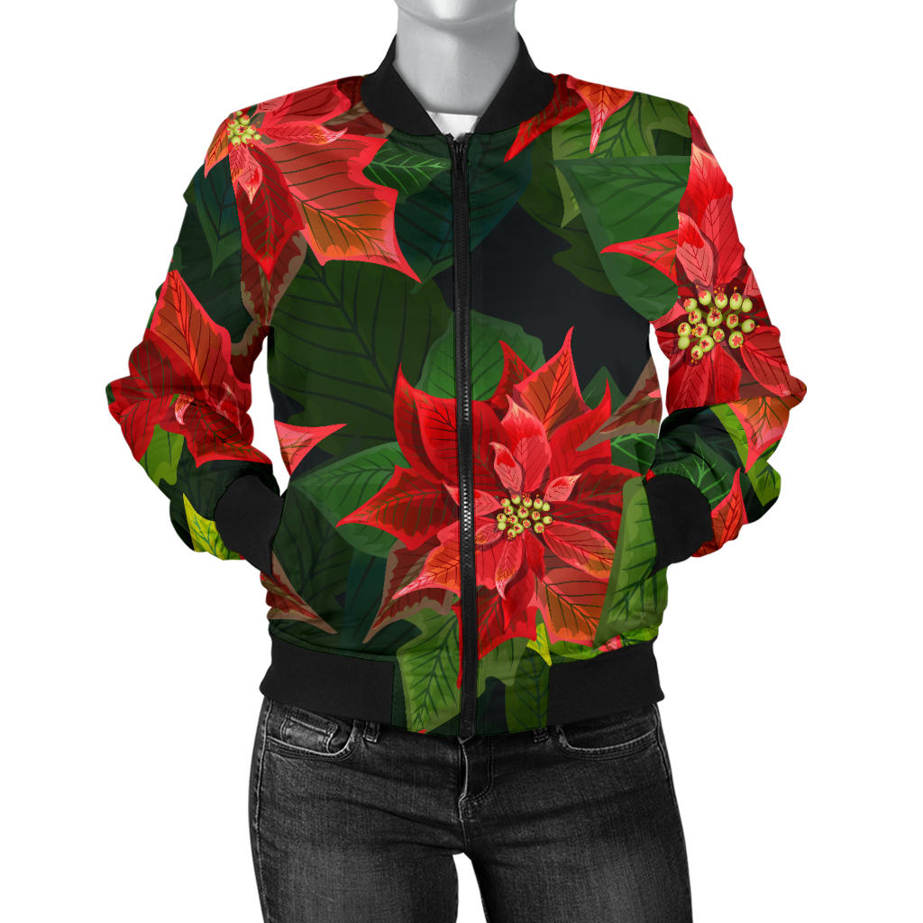 Poinsettia Pattern Print Design POT04 Women Bomber Jacket