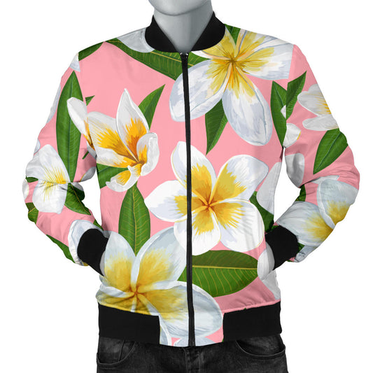 White Plumeria Pattern Print Design PM011 Men Bomber Jacket