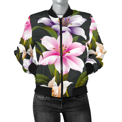 Lily Pattern Print Design LY01 Women Bomber Jacket