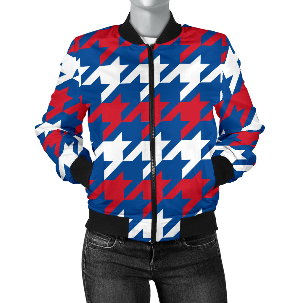 Patriotic Houndstooth Pattern Print Design A02 Women's Bomber Jacket