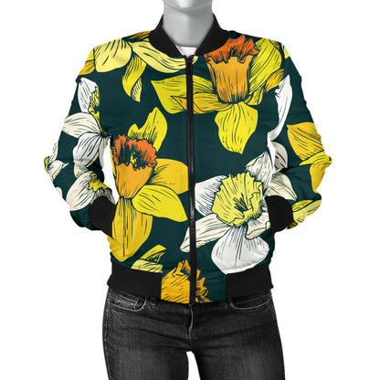 Daffodils Pattern Print Design DF02 Women Bomber Jacket